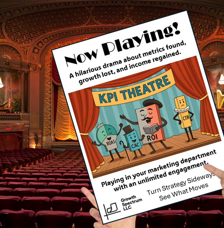 An image of a person holding a playbill for a play called KPI THeatre as a metaphor for your KPIs putting on a show for you.