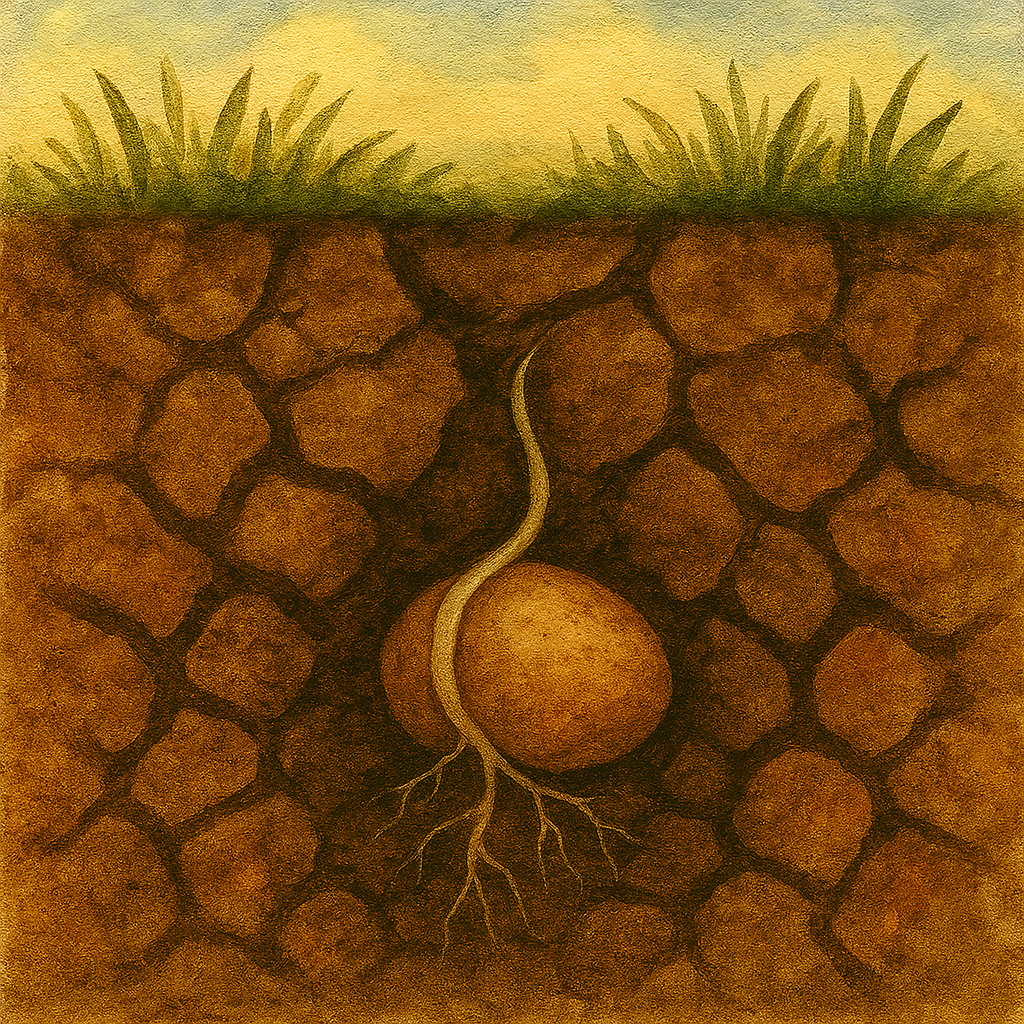 Illustration of a underground onion with roots, situated inside a cross-section of soil with grass on top.