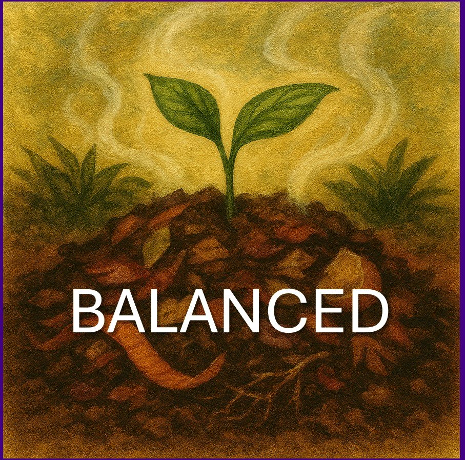 A young plant with two green leaves growing from dark brown soil, with smoke or vapor in the background, and the word 'BALANCED' in white text over the soil.