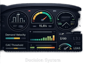 Dashboard from a decision system showing demand velocity, a gauge with 15.8%, a graph with bars, dollar amount, and a loass gauge.
