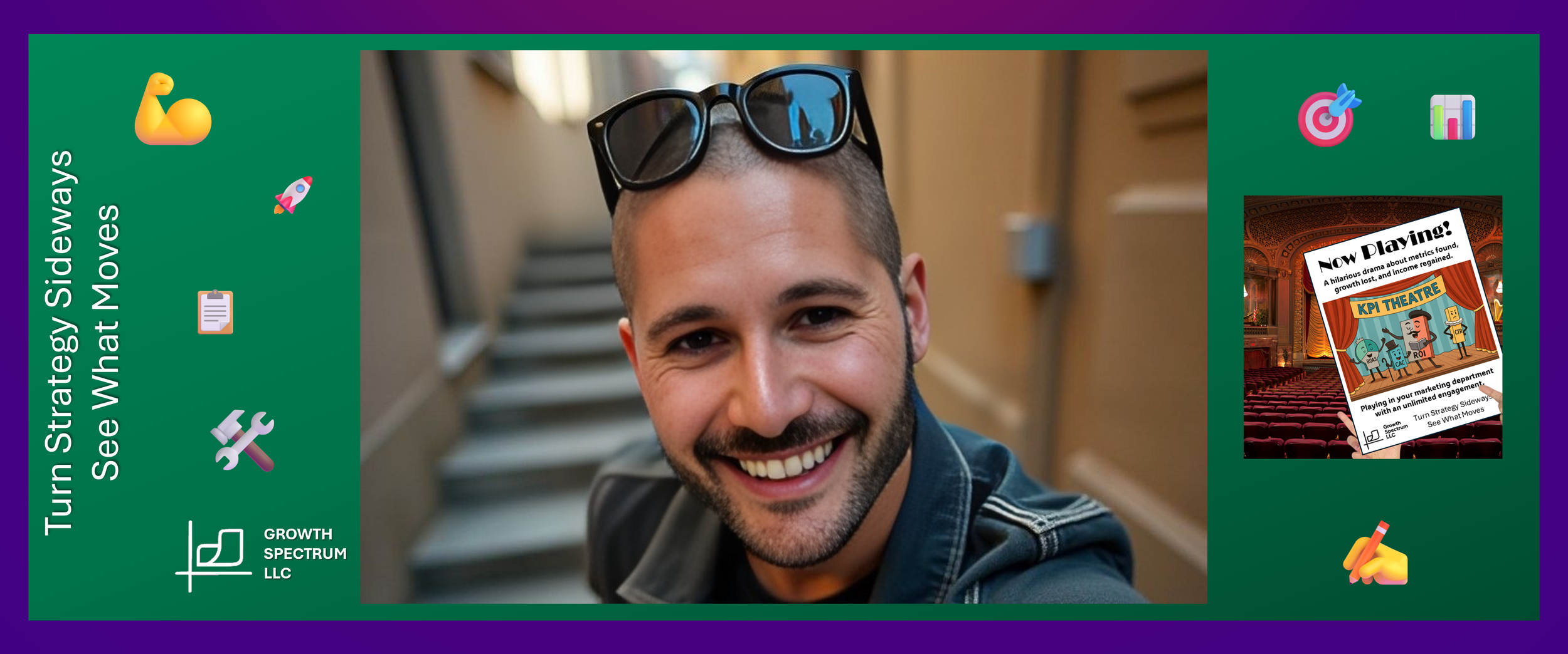 AI generated image of the founder of Jam Creative with execution iconography and an image from a blog on KPI THeatre