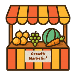 Fruits and vegetables at a market stall with a sign that says 'Growth Marketer' under a striped orange and yellow awning.