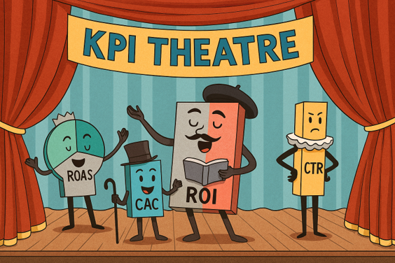 Cartoon characters representing various marketing metrics on a stage in front of curtains, with a banner reading 'KPI THEATRE' overhead. The characters include a rooster labeled 'ROAS', a cane with a top hat labeled 'CAC', a mustached man with a book labeled 'ROI', and a thumbs-down figure labeled 'CTR'.