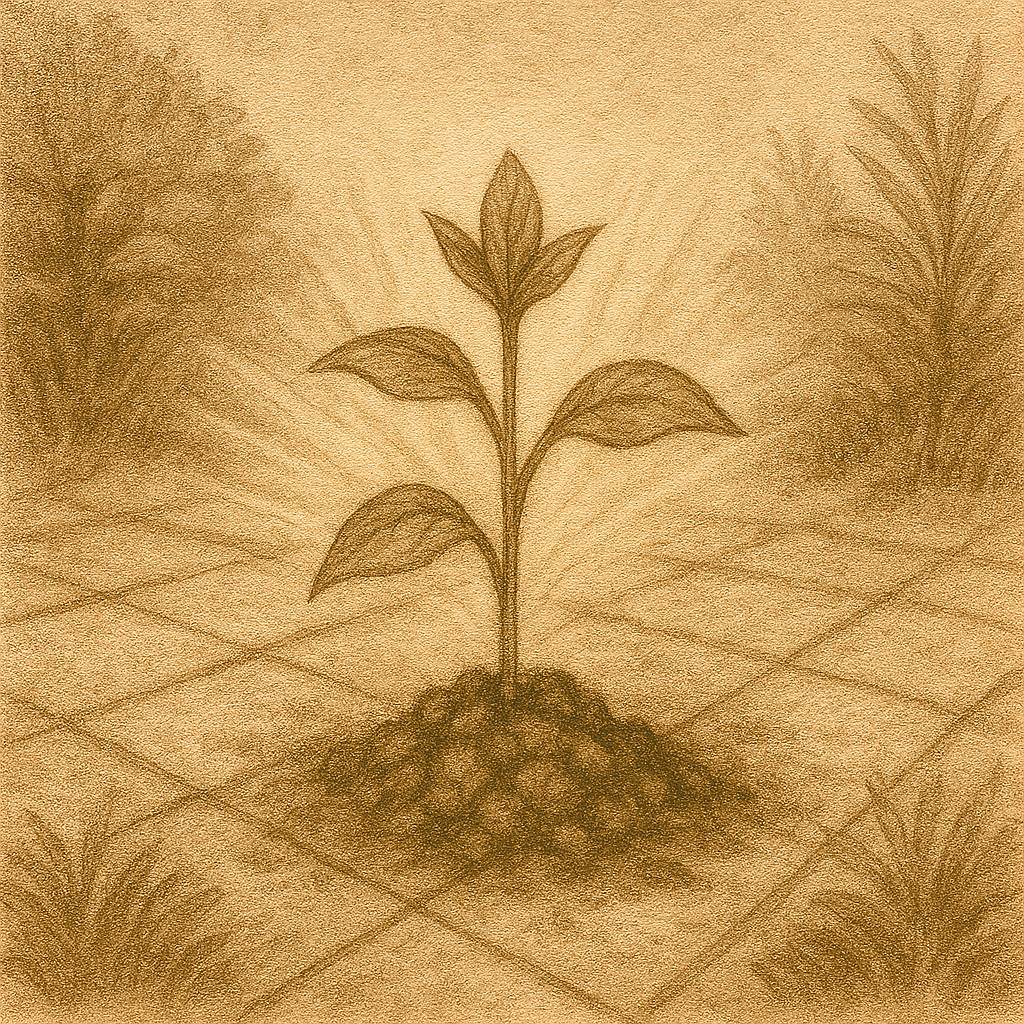 A small plant with four leaves growing from soil in a grid-patterned room with wallpaper on the walls.