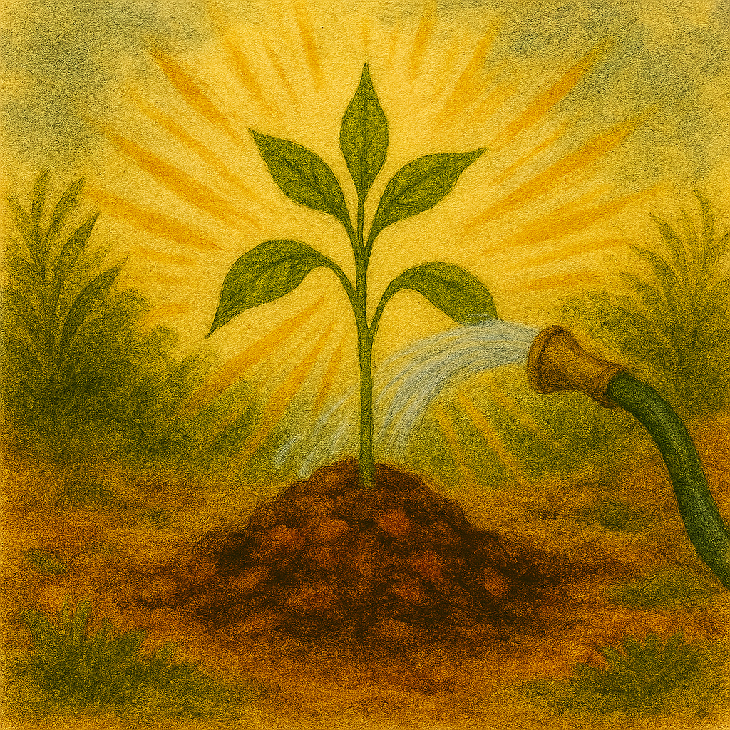 A green plant with multiple leaves growing from soil, being watered by a garden hose with a spray of water.