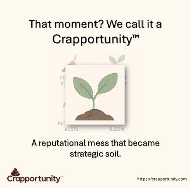 A poster with text about 'Crappontunity,' showing a small plant sprouting from soil and leaves, emphasizing growth from mess.