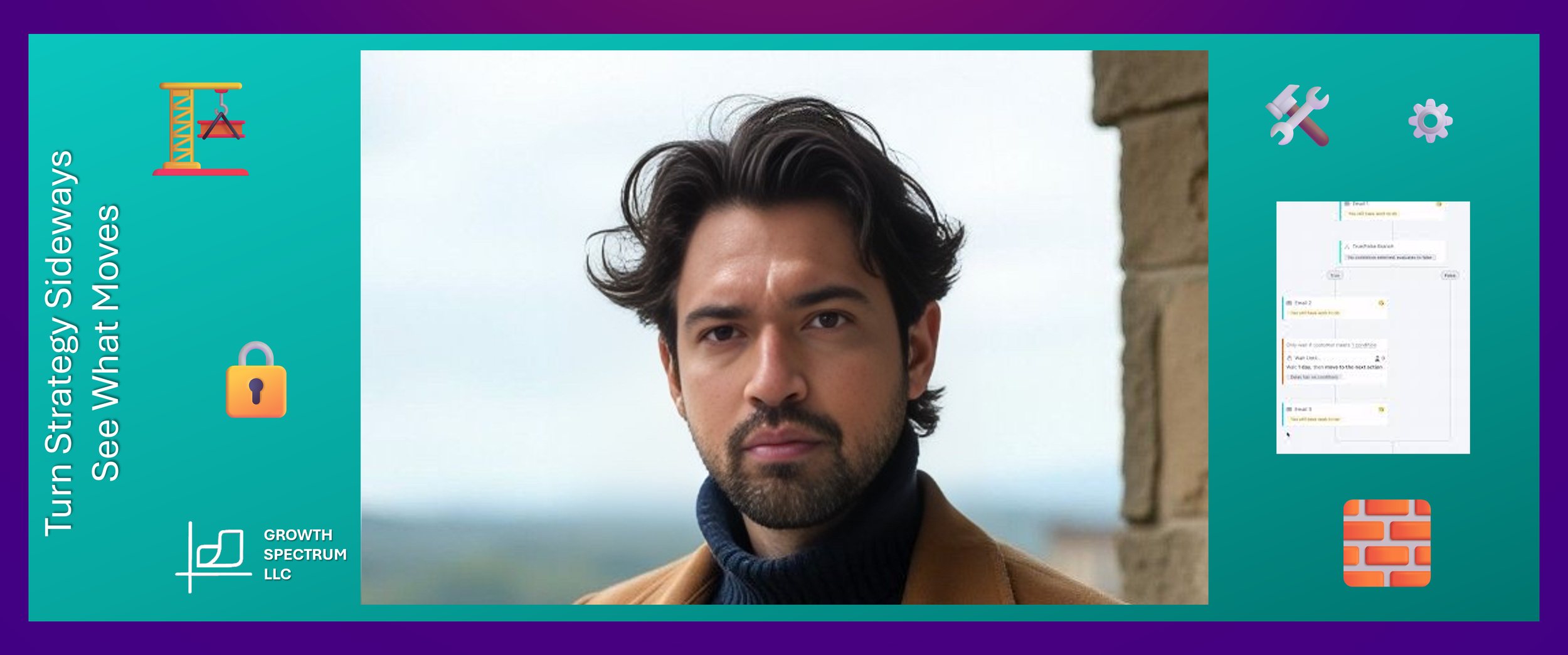 Profile photo of a young man with dark hair, beard, wearing a brown coat and navy blue turtleneck, standing outdoors near a brick wall.