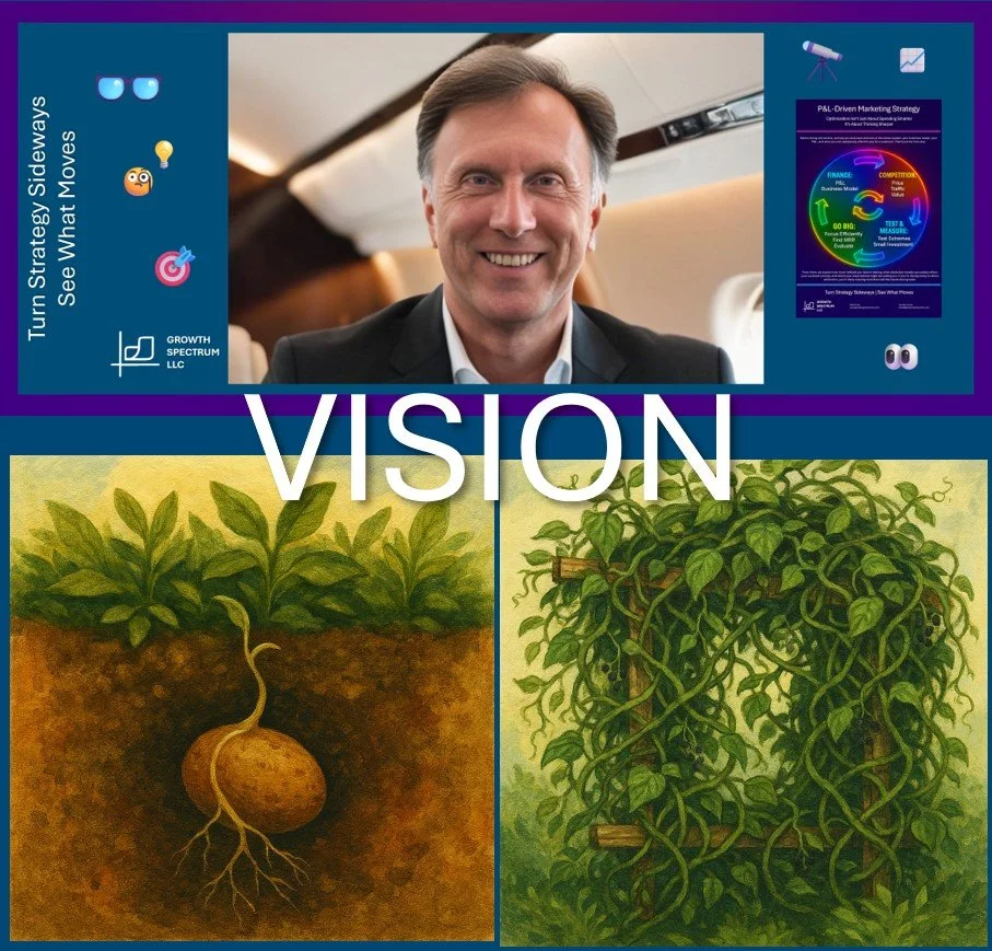 Collage featuring a man smiling in an airplane, a colorful business diagram, and two drawings of plants with roots: one showing underground roots and the other showing climbing vines.