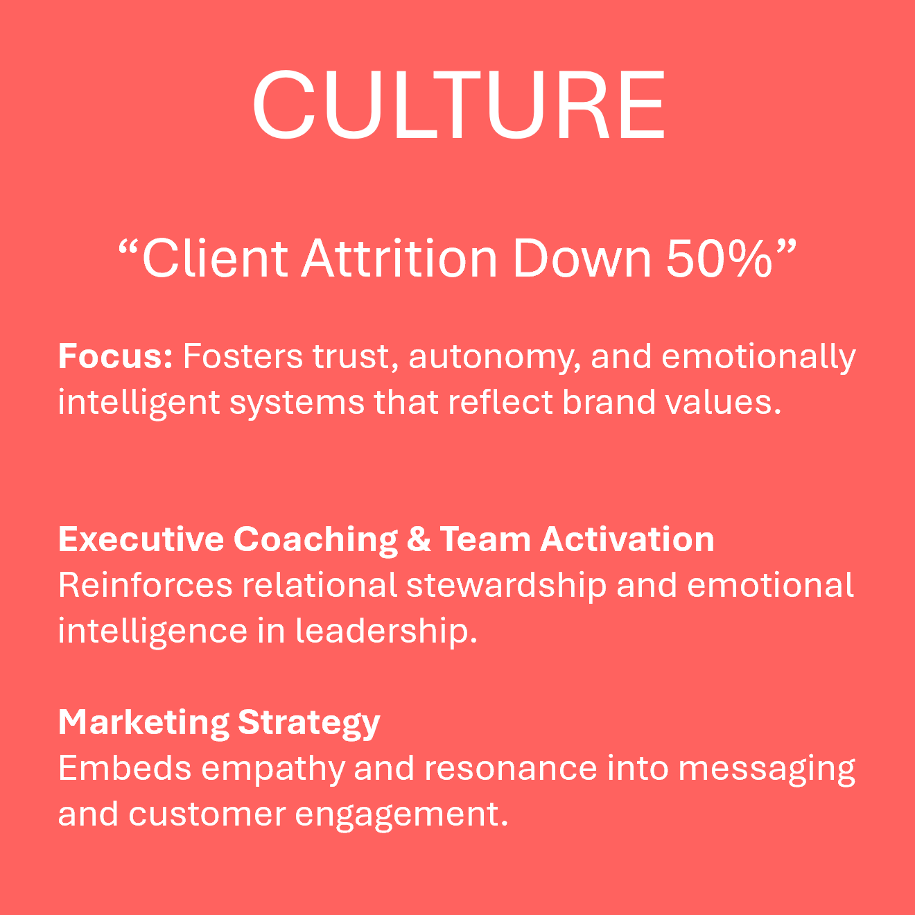 A red graphic with white text about culture, titled 'Client Attrition Down 50%'. It describes focus areas like trust, autonomy, emotional intelligence, team activation, leadership, empathy, and messaging.