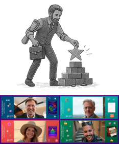 A man with a beard and backpack placing a star on top of a pyramid of bricks, holding a briefcase.