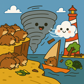 Floating cloud with a happy face creating a tornado over a coastal scene with a lighthouse, sailboat, turtle, green trees, and numerous rats on the sandy shore.