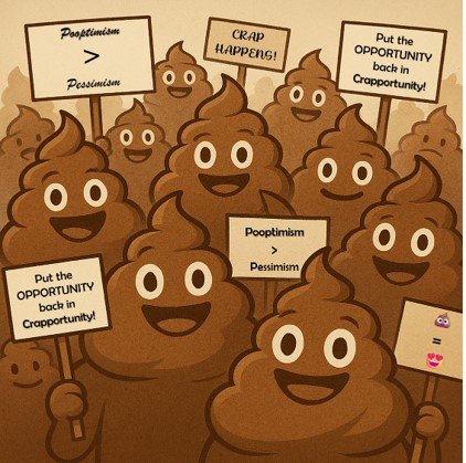 Cartoons of smiling poop characters holding signs about optimism and opportunity, with messages like "Pooptimism > Pessimism" and "Put the opportunity back in crapportunities!"
