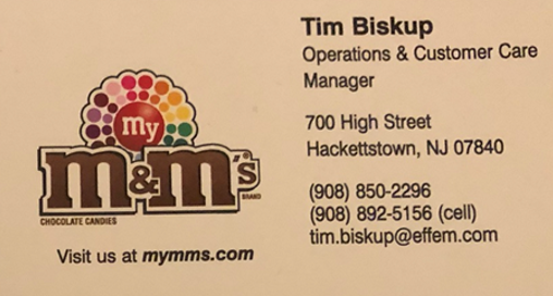 Business card for Tim Biskup at My M&M's store, with contact information and website.