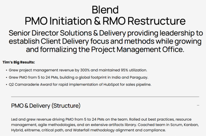 Slide titled 'Blend PMO Initiation & RMO Restructure' outlining project management goals, Tim's achievement results, and details on project delivery structure and methodologies.