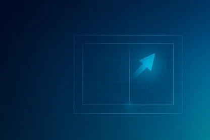 A digital arrow pointing upward on a dark blue background with a geometric design.