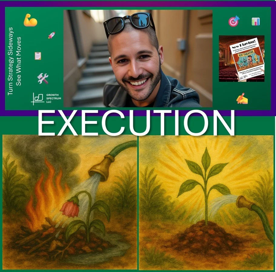 A promotional graphic for an event called 'Execution' featuring a smiling man wearing glasses on top of his head, with text and icons related to strategy, growth, and theater, alongside two illustrations of a plant, one damaged by fire and the other thriving with watering.