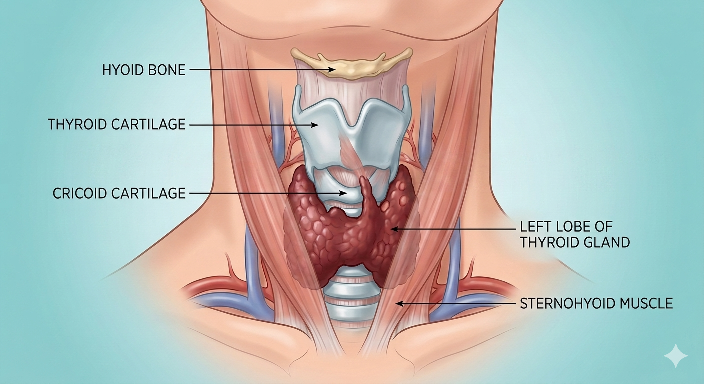 An anatomical illustration of the human neck showing the hyoid bone, thyroid cartilage, cricoid cartilage, left lobe of thyroid gland, and sternohyoid muscle. Dr. Yerukhim is an expert head and neck and thyroid surgeon.
