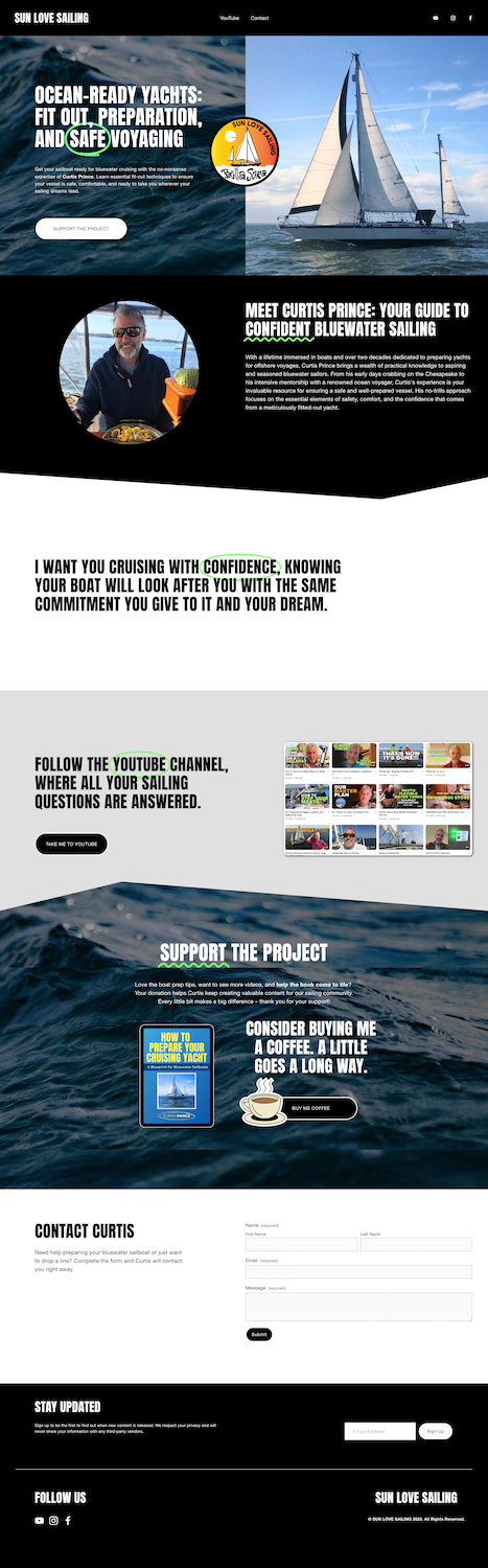 Web page promoting Sun Love Sailing about ocean-ready yachts, sailing guides, a YouTube channel, and support for the project. Features images of a sailboat, a man enjoying a drink, and a book on preparing a cruising yacht.