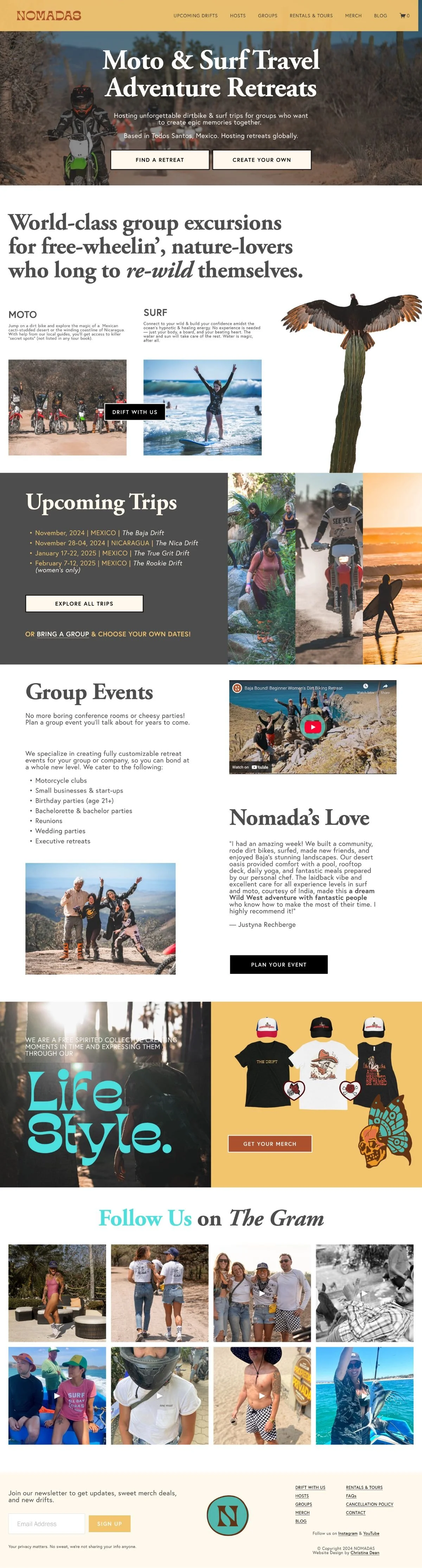 Homepage of Nomadas travel website promoting Moto and Surf adventure retreats in Todos Santos, Mexico, with sections about upcoming trips, group events, reviews, merchandise, and social media links.