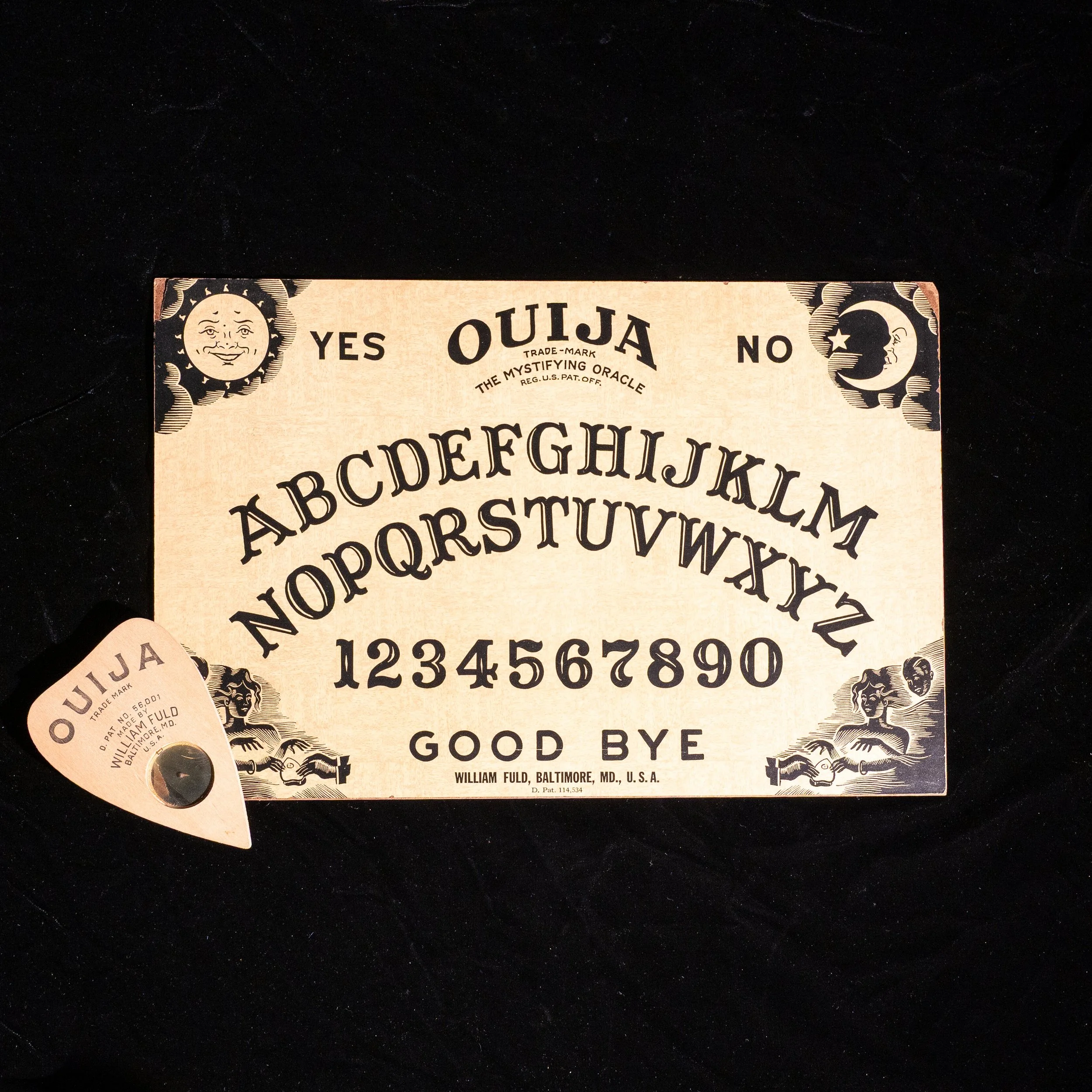 c. 1950 – William Fuld's Ouija Board and Planchette in the Blue Ghost Box