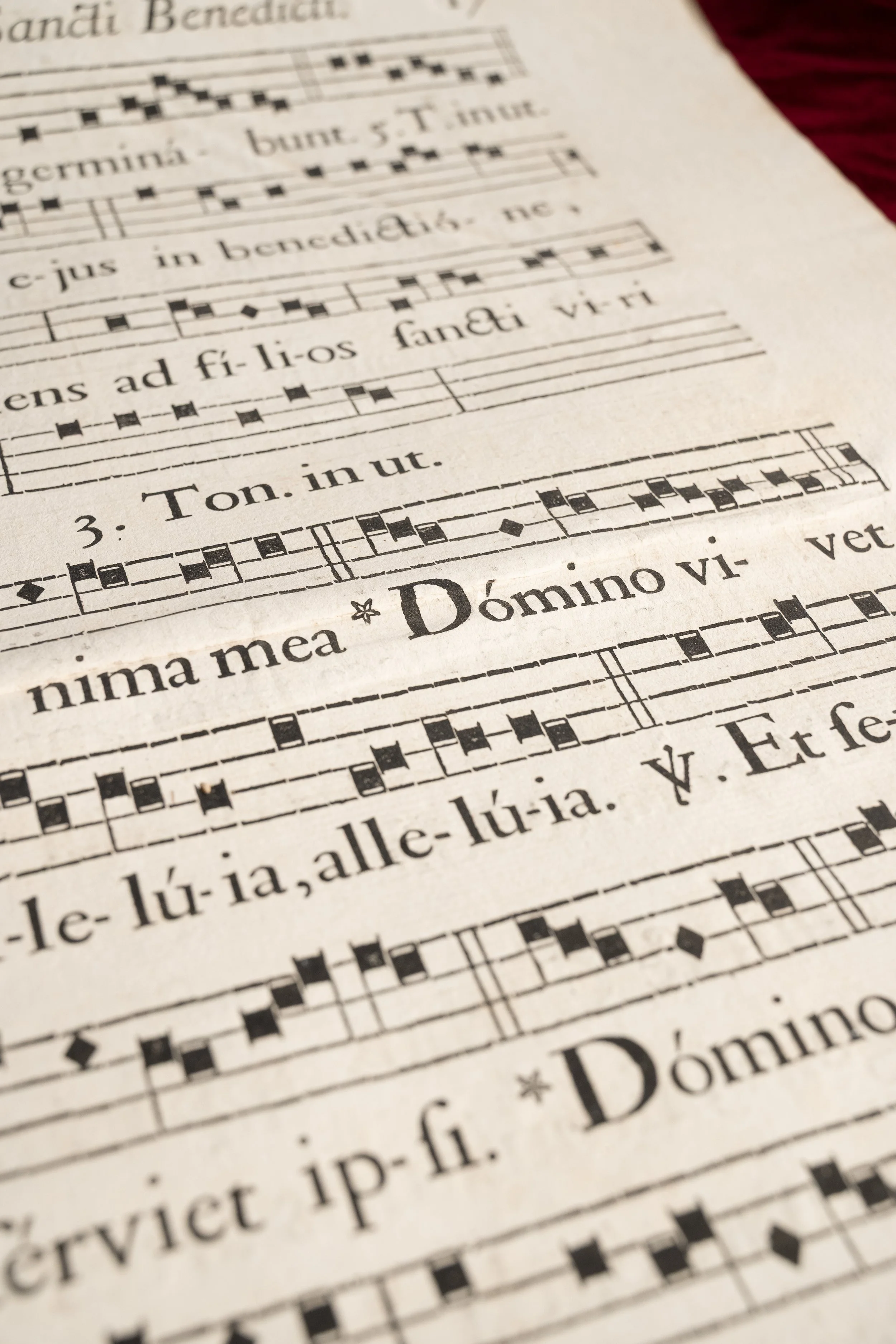c. 1700 – Printed Gregorian Chant for Saint Benedict: A Choirbook Leaf from a Flood-Broken Antiphonary [BLACK PRINT]