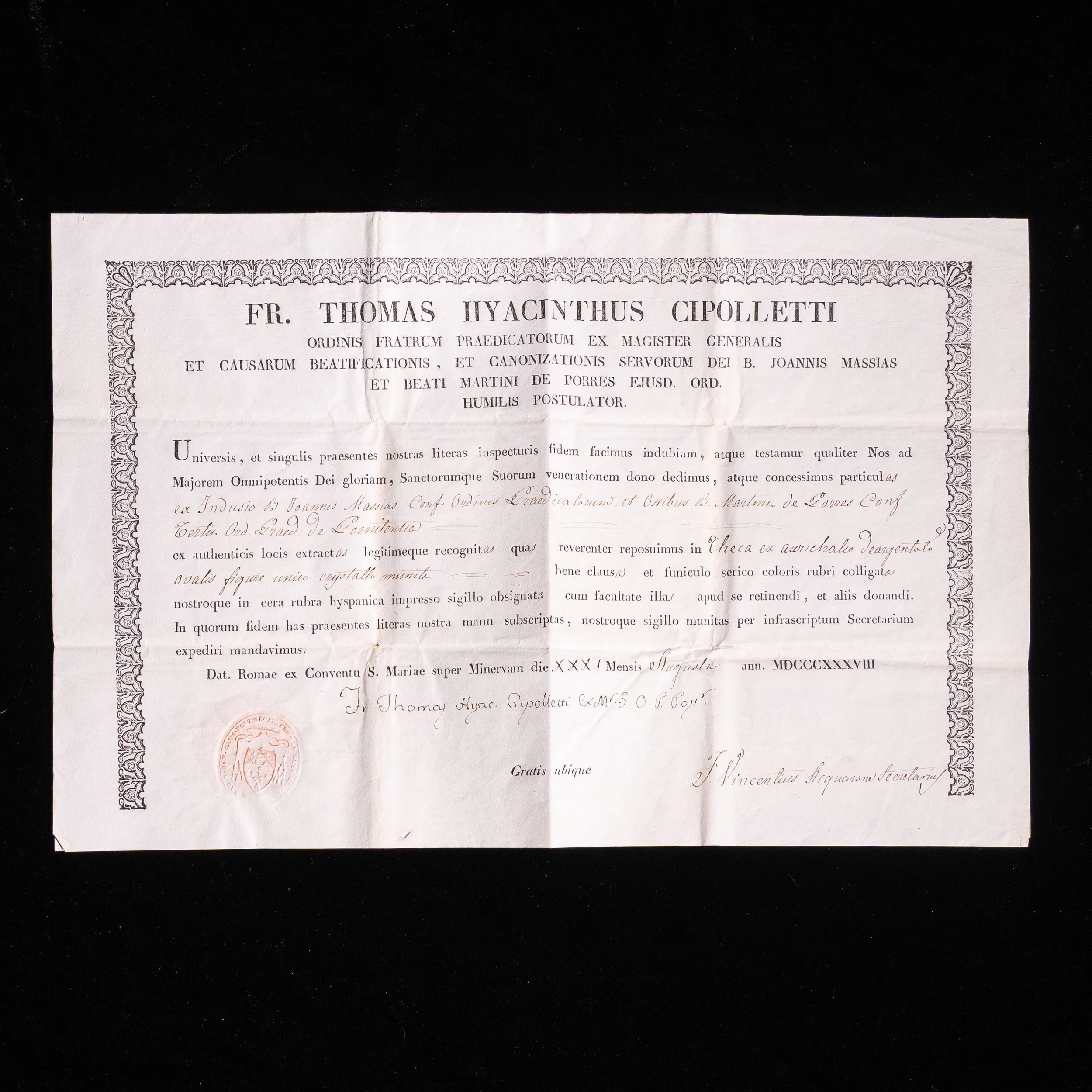 1838 – Fragments of Martin de Porres’s Bones and Juan Macías’s Undershirt