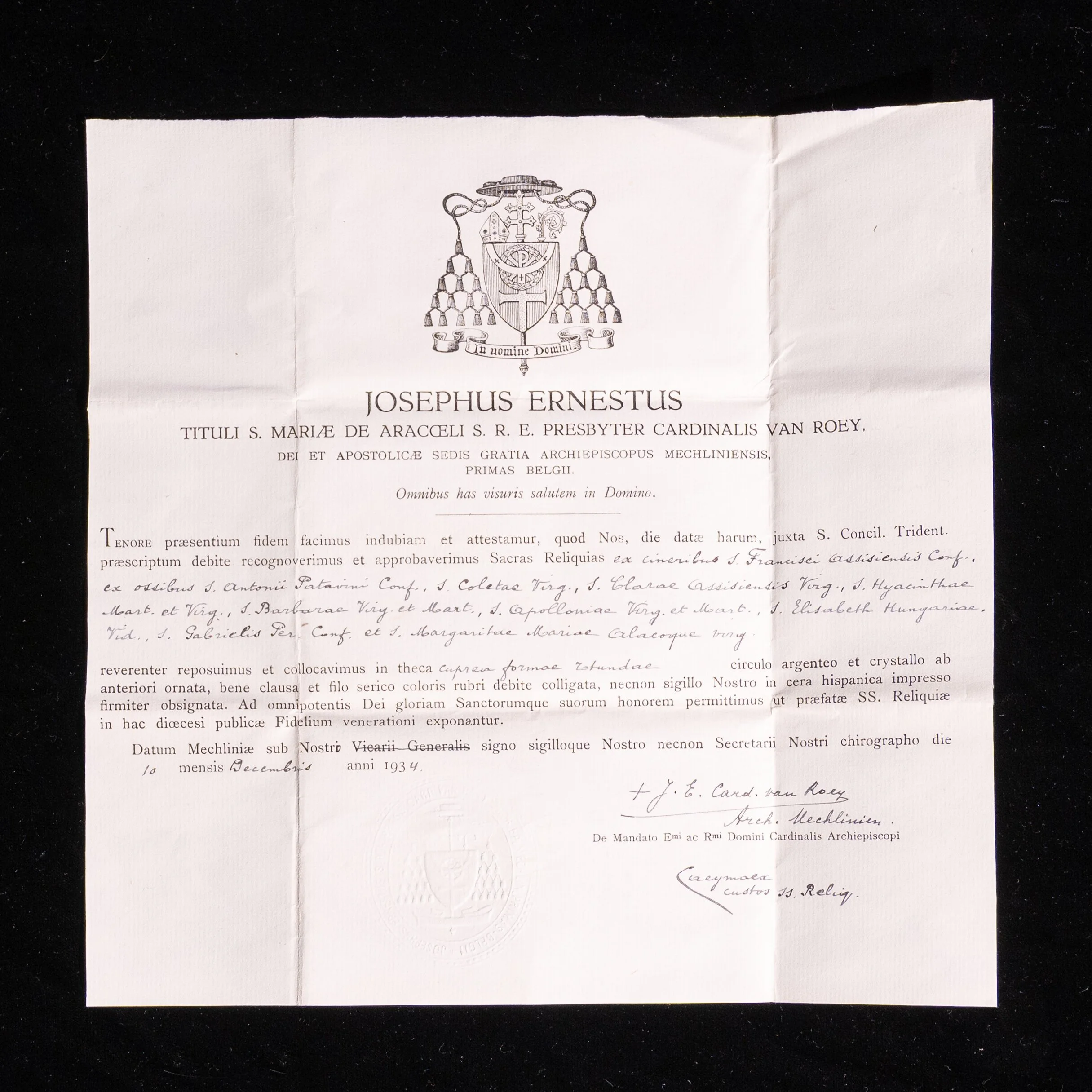 1934 – Ashes of Saint Francis of Assisi and Bone Relics of Nine Saints