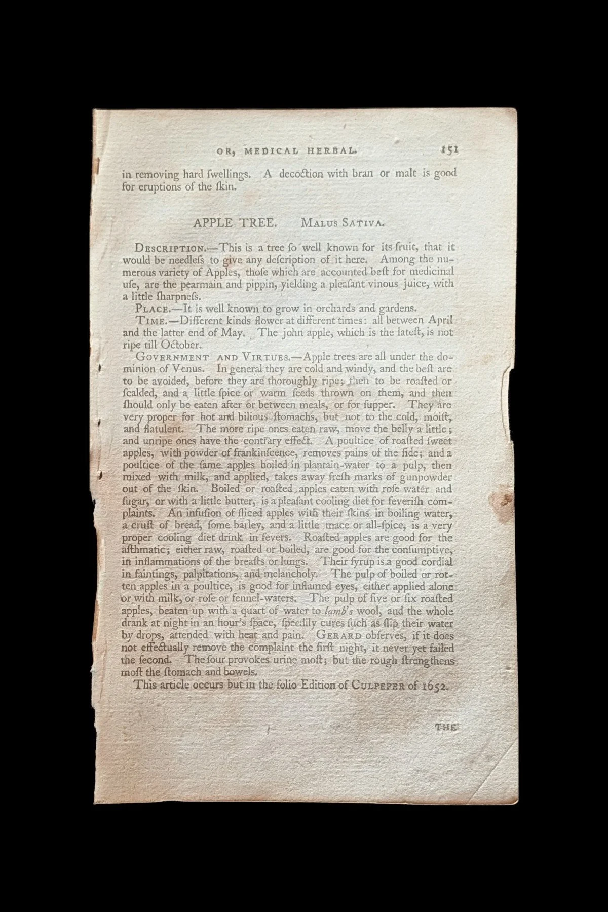 1792 – Culpeper’s Astrological Herbal: An Original Text Leaf Naming Each Plant’s Ruling Planet