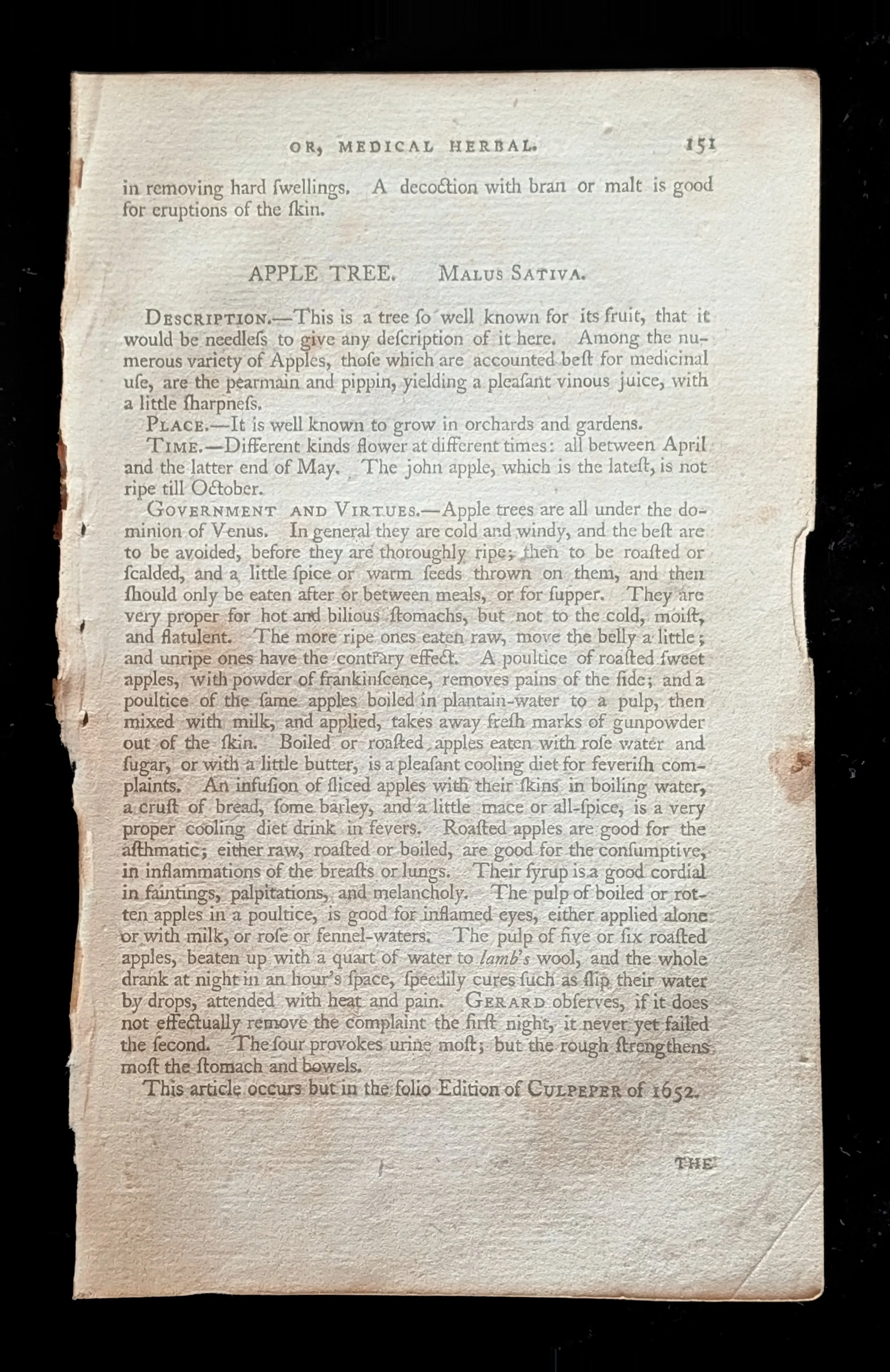1792 – Culpeper’s Astrological Herbal: An Original Text Leaf Naming Each Plant’s Ruling Planet