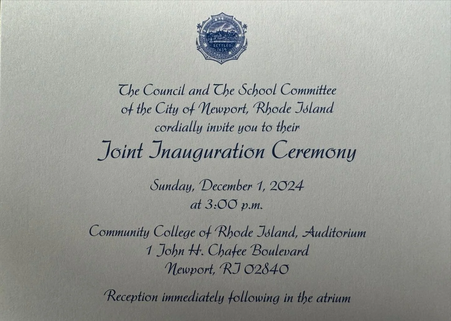 The swearing in of the School Committee and City Council members will be Sunday, December 1st at CCRI at 3PM. The official votes for Council Chair and Vice Chair will happen after the swearing in.