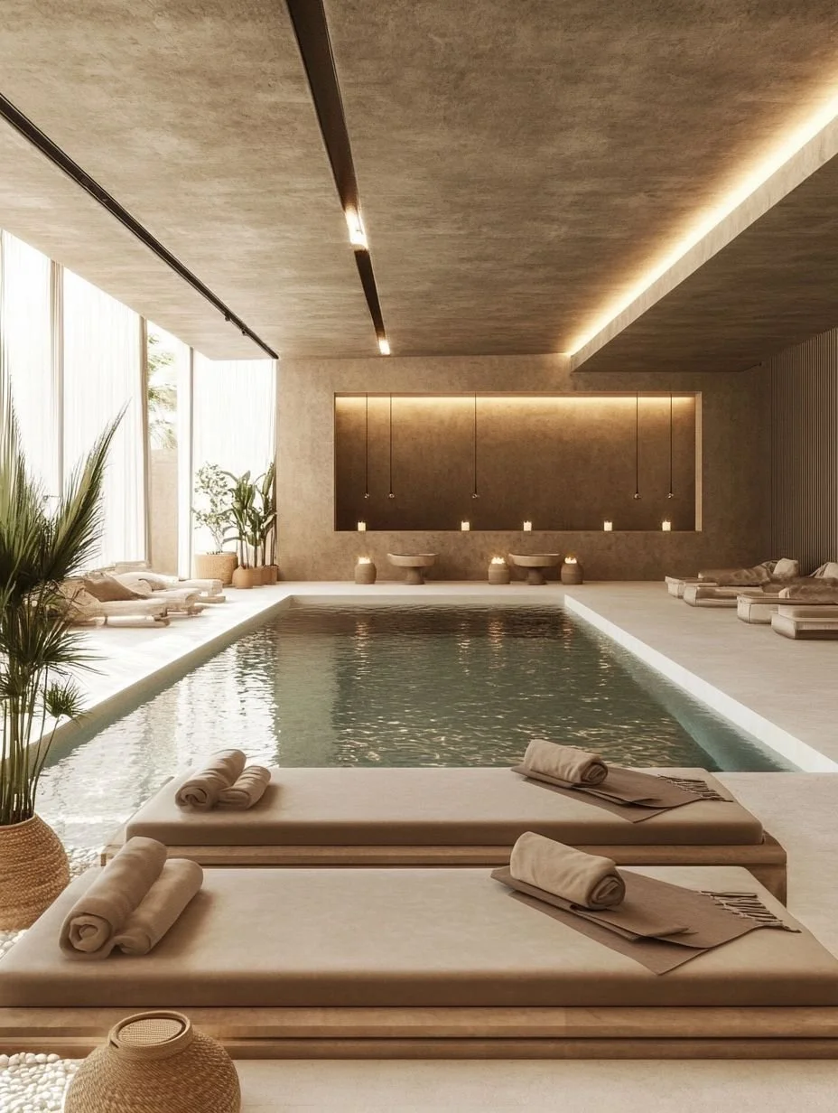 Luxurious indoor pool area with beige lounge chairs, rolled towels, large plants, and soft lighting.