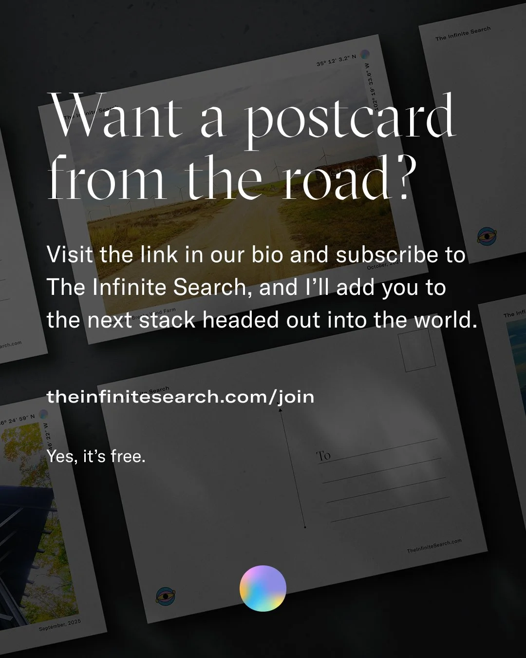 Want a postcard from the road?

I'm turning these photographs into real postcards. The kind that show up in your mailbox with stamps and a few handwritten words from wherever I am next.

It's free. Just an experiment in tangible connection and shared