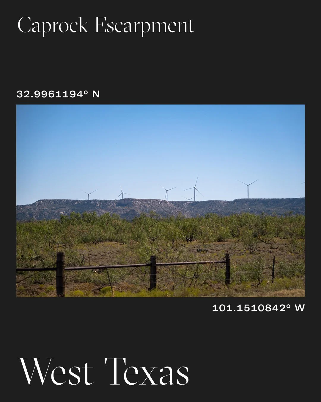 📍 32.9961194&deg; N, 101.1510842&deg; W

Somewhere along US-84 near the Caprock, you can see Texas&rsquo;s economic transition in one frame. This region was shaped for generations by cattle and grazing land. Today, large wind projects share the same