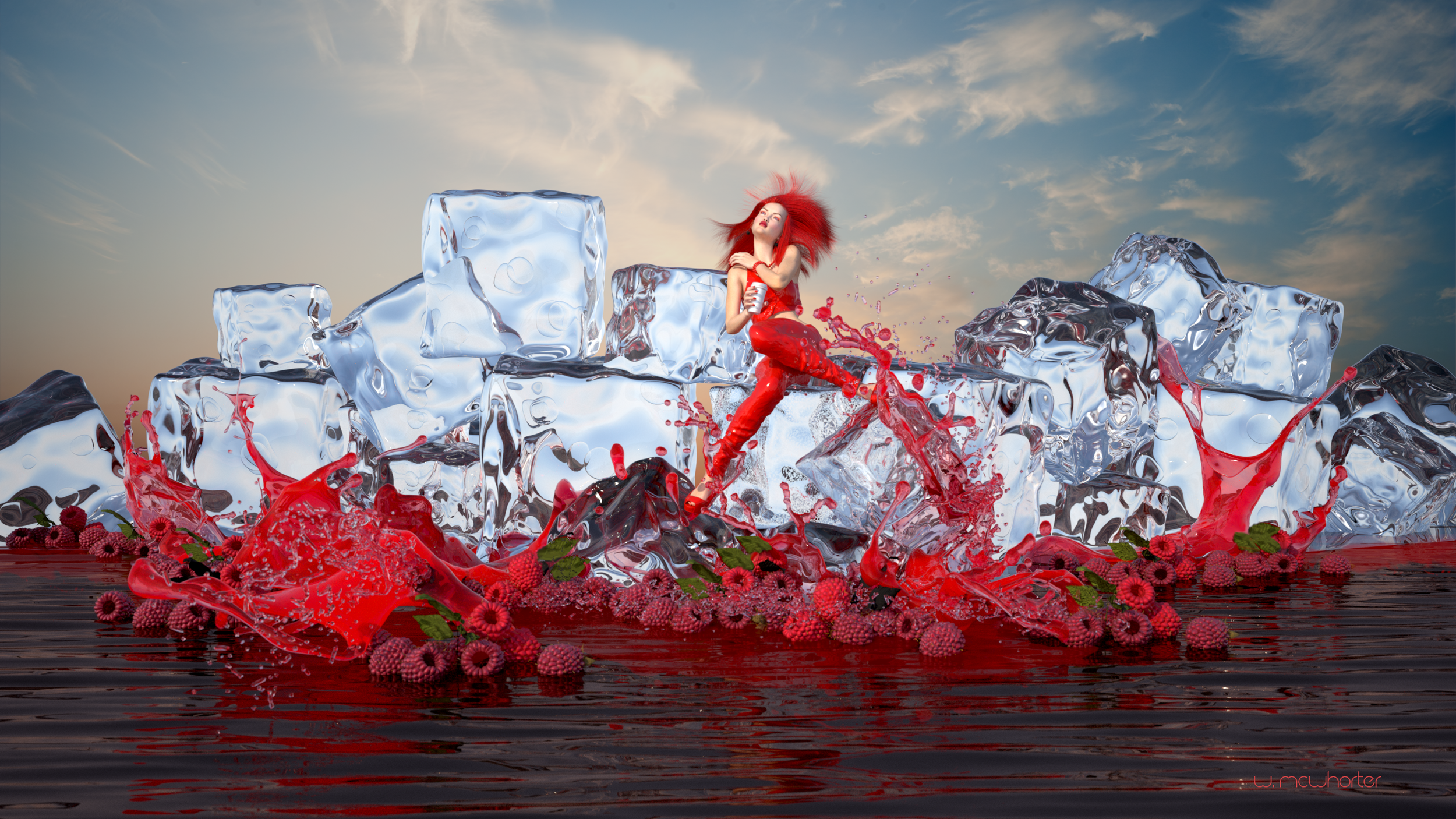 REDBERRY ICE CAFE: The painting Red -Berry - IceCafe depicts the coupling of 2 well loved liquids and creating a beautiful relationship that both mesmerize and tantalize the taste buds. The woman in the picture represents the overall beauty physicall