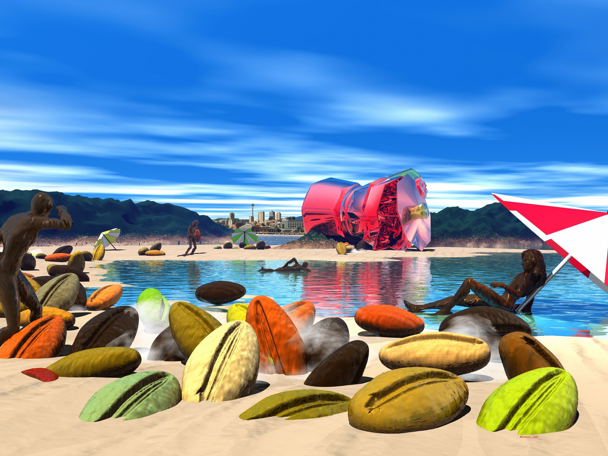 ROASTIN: Roast Coffee symbolizes the act of coffee beans on the beach basking in the sun. Imagine coffee beans enjoying a day out in the sun at the beach roasting to perfection. Flawlessly roast coffee beans are the key to creating a special taste fo
