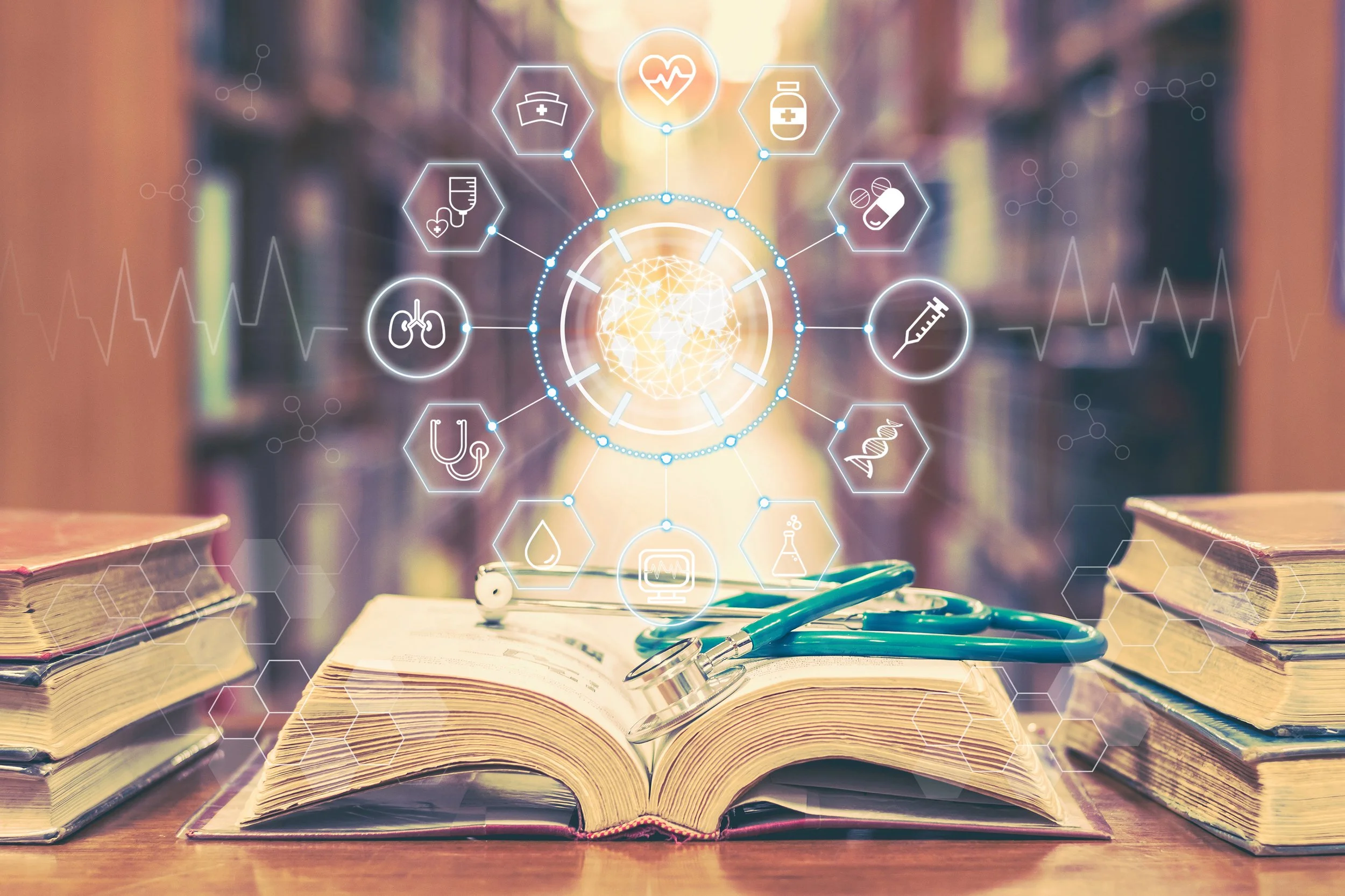 Open medical textbooks and a stethoscope on a wooden table, with medical icons like a heart, lungs, syringe, pills, and medical supplies overlayed, representing healthcare and medical research.