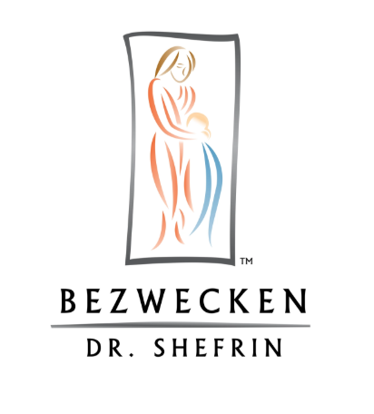 Logo with a stylized outline of a pregnant woman in orange, blue, and beige, with the text "BEZWECKEN Dr. Sherfin" below.