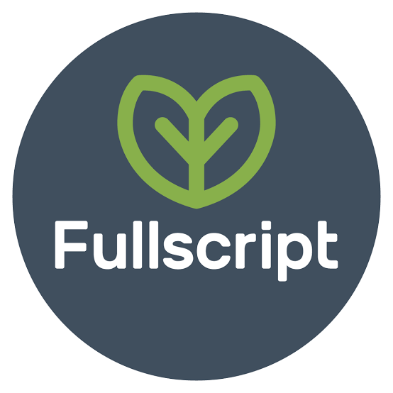 A circular logo with a dark gray background featuring a green leaf-shaped icon above the word 'Fullscript' in white text.