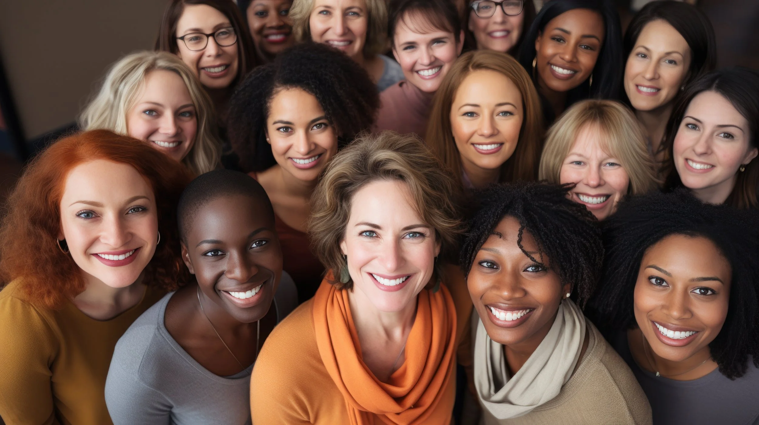 A diverse group of women smiling and smiling together, looking at the camera.