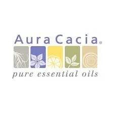 Aura Cacia logo featuring four icons representing different essential oils with the text "Aura Cacia pure essential oils"