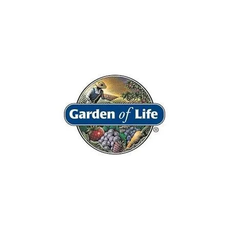 Garden of Life logo with a circular emblem featuring a farmer, fruits, and vegetables.