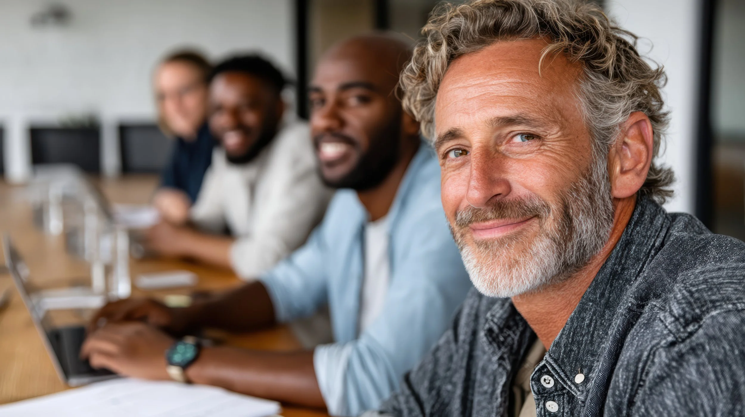 Four diverse men sitting at a conference table in a meeting room, with the focus on the smiling older man with curly gray hair in the foreground.