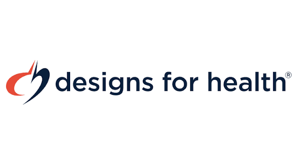 The logo of Designs for Health, featuring a stylized lightning bolt or swoosh symbol next to the company name.