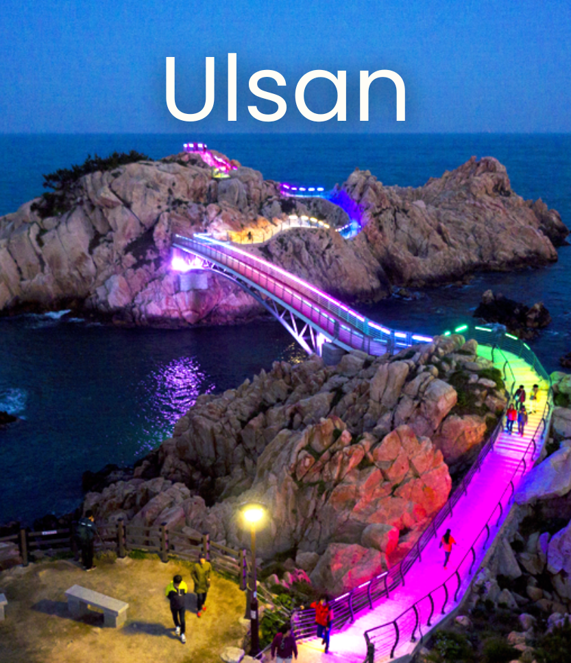 Colorful illuminated walkway winding along rocky terrain near the ocean at dusk, with people walking and a large rock formation in the background.