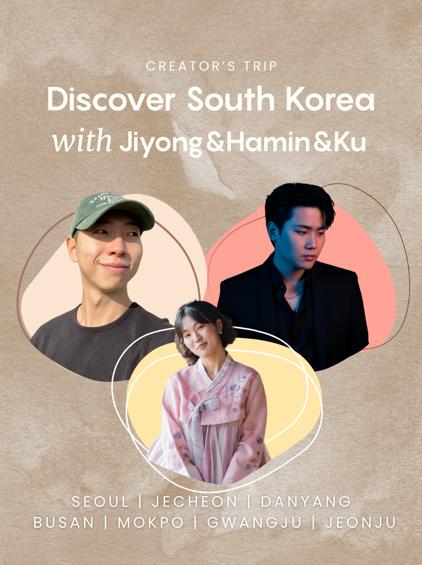 Promotional poster for a trip to South Korea featuring three people with different backgrounds, and listing tour destinations including Seoul, Jecheon, Danyang, Busan, Mokpo, Gwangju, and Jeonju.