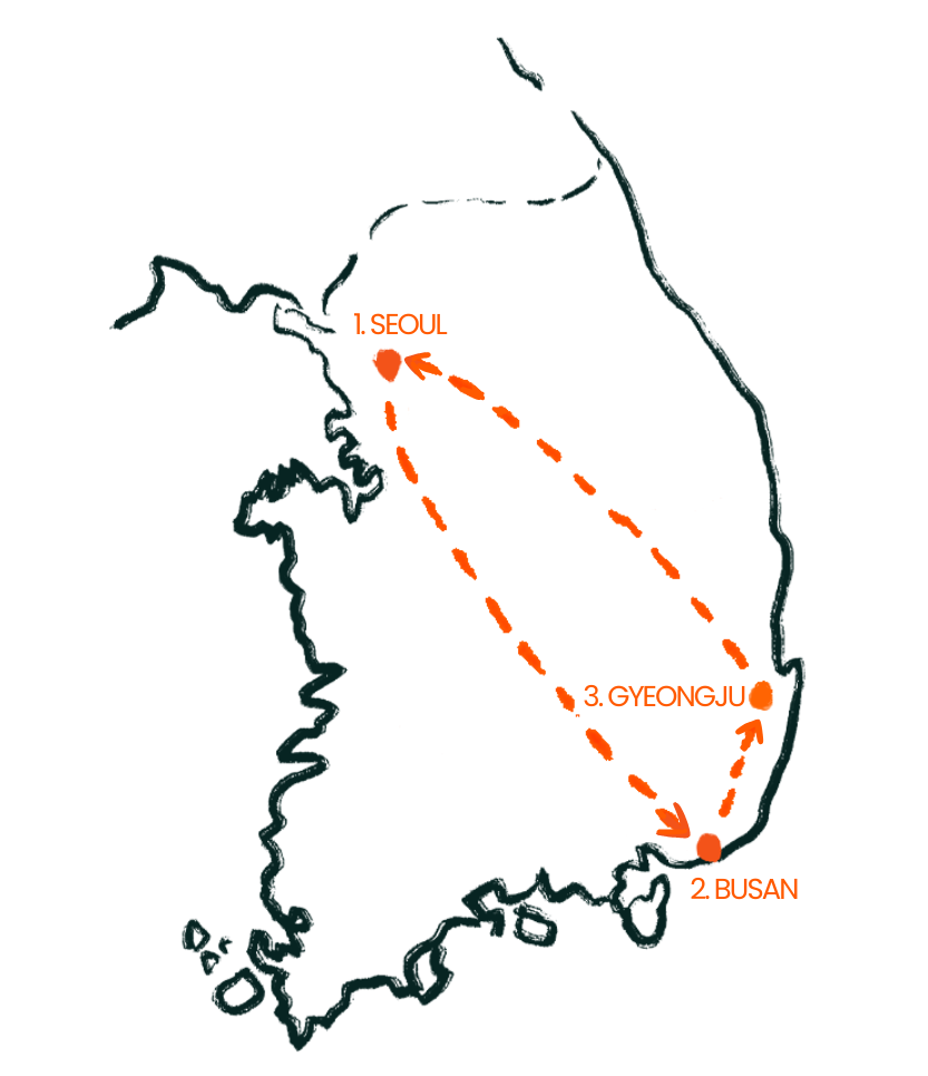 Map highlighting a travel route in South Korea from Seoul to Busan, then to Gyeongju, with dotted orange lines connecting the cities.
