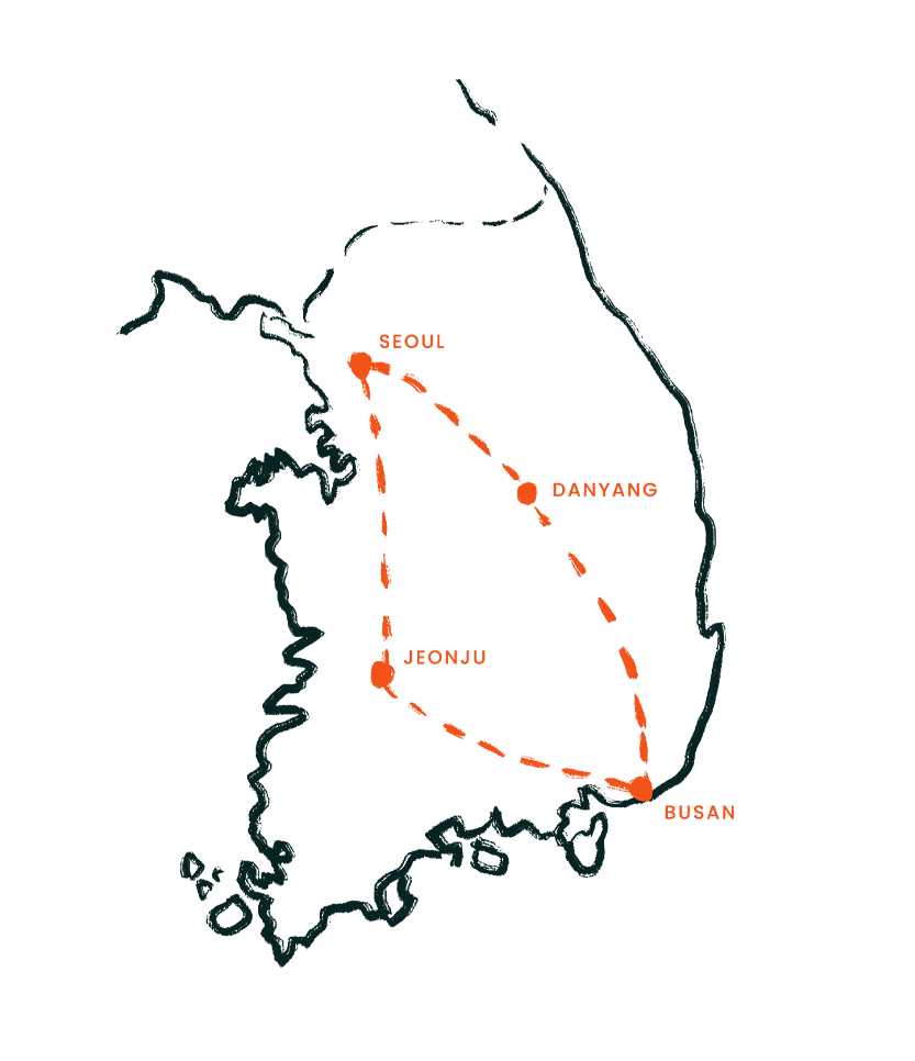 Map of South Korea showing travel routes between Busan, Jeonju, Danyang, and Seoul.