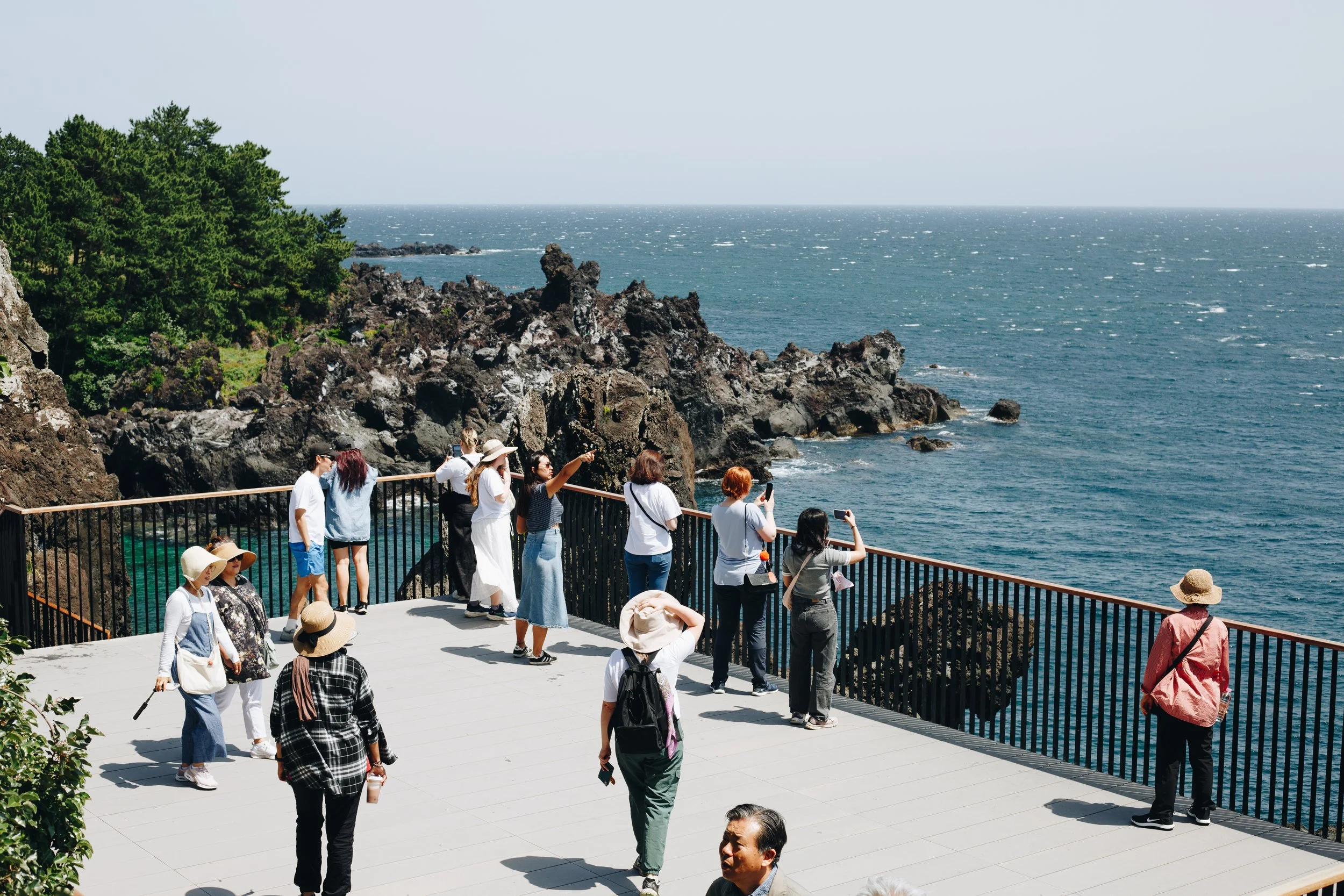 Group of people taking photos and enjoying the view on a coastal lookout with rocky shoreline, ocean, and pine trees in the background.