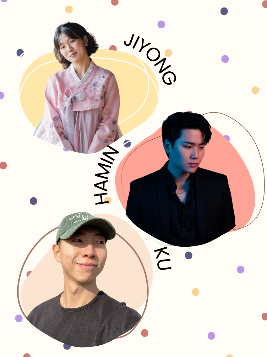 A collage of three people with colorful dotted background, featuring a woman in a pink traditional dress, a man in a black suit, and a man in a gray t-shirt and cap, with their names Jiyong, Hannu, and Ku written around their images.