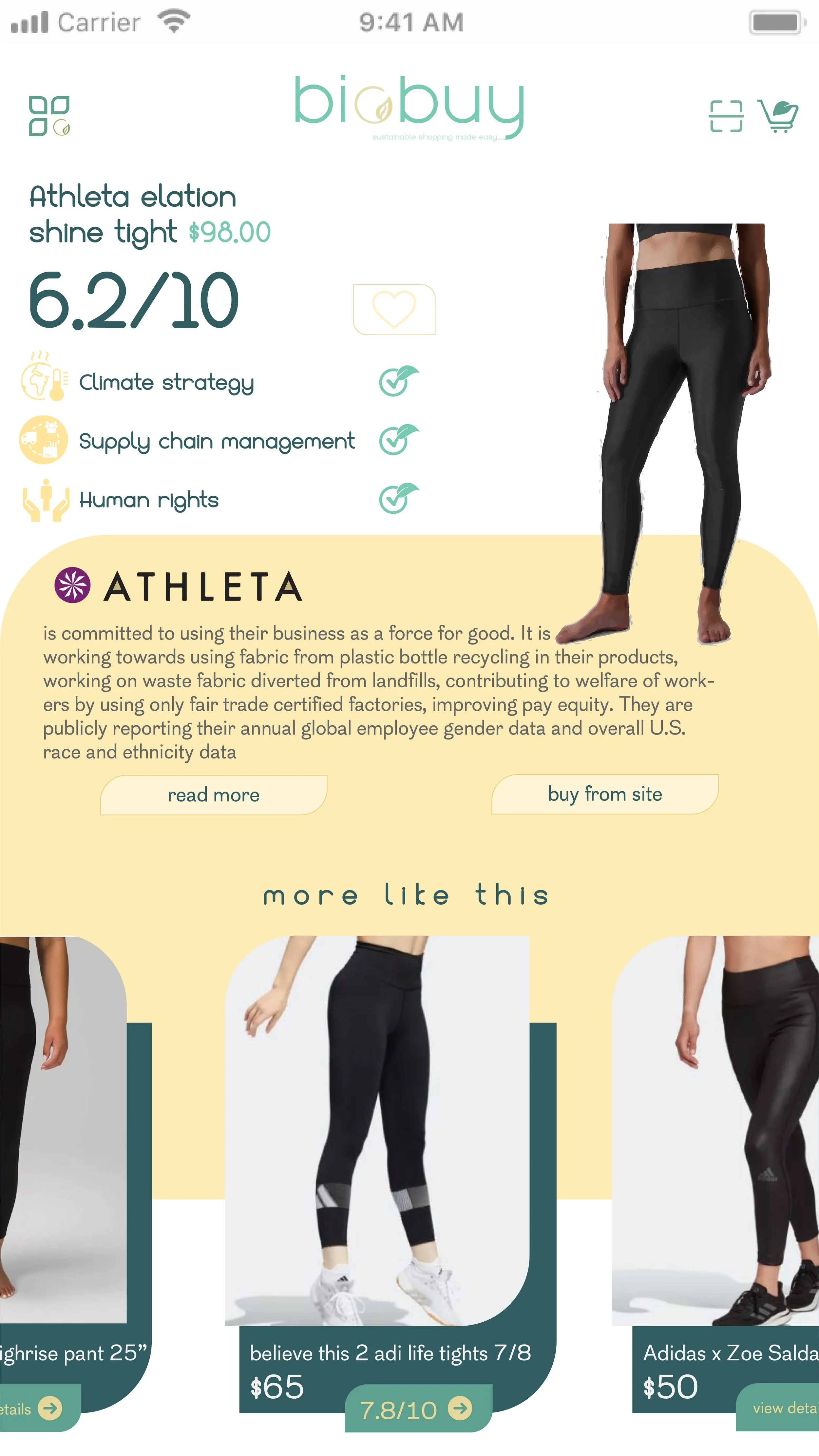 Each product has a detailed sustainability description and an option to view similar items